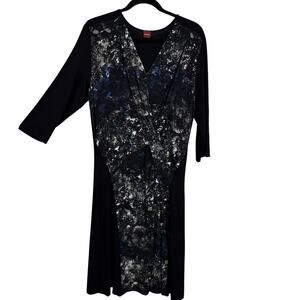 Olsen Faux Wrap Dress size XL Black Multicolored V Neck 3/4 Sleeves Knee Length